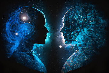 man and woman silhouette set against an abstract cosmic background. The image should convey a sense of esoteric and spiritual life