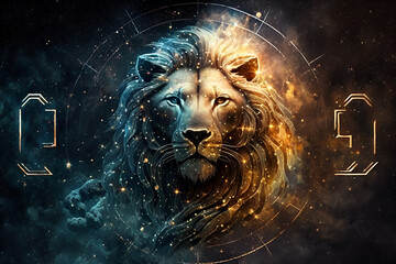 illustration of Leo zodiac sign against a space nebula background. Astrology calendar. Esoteric horoscope and fortune-telling concept