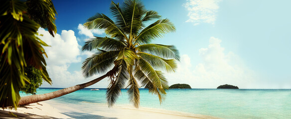 tropical paradise island beach with white sand and palm tree over the water. banner with copy space. generative AI