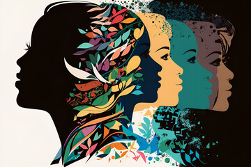 featuring the silhouette of a woman's face in profile, surrounded by a diverse group of multicultural and multiethnic women's faces. The concept of the artwork should focus on racial equality  - obrazy, fototapety, plakaty