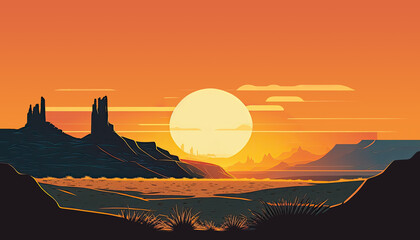 Sunset - Minimalistic flat design landscape illustration. Image for a wallpaper, background, postcard or poster. Generative AI