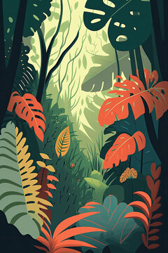 Jungle - Minimalistic flat design landscape illustration. Image for a wallpaper, background, postcard or poster. Generative AI
