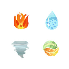 Set of flat colored vector icons with four natural elements and symbols like fire, water, wind and earth in different forms and shapes