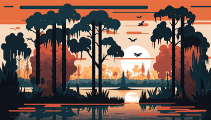 Bayou - Minimalistic flat design landscape illustration. Image for a wallpaper, background, postcard or poster. Generative AI - obrazy, fototapety, plakaty