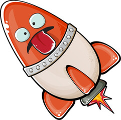 Rocket spaceship character. Cartoon space rocket isolated on white background. Funky spaceship and shuttle character with eyes and mouth. Vector retro space ship clip art, emoji, label and sticker