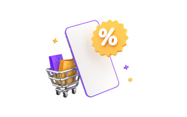 Online shopping with cart and purchases. Smartphone with percent badge. Discount sale concept. 3d rendering