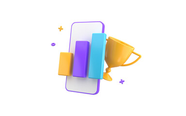 Business data chart bar elements with trophy cup. Prize concept with smartphone. 3d rendering