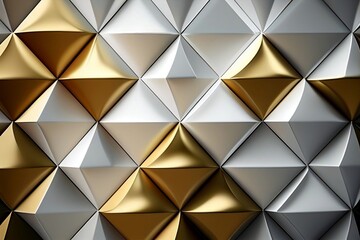 Illustration of white and gold metallic 3d triangles background. Generative AI