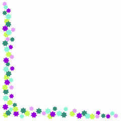 Confetti stars. Violet, blue, green colors. Empty space for text. Frame or border. Square shape. White background