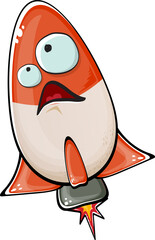 Rocket spaceship character. Cartoon space rocket isolated on white background. Funky spaceship and shuttle character with eyes and mouth. Vector retro space ship clip art, emoji, label and sticker