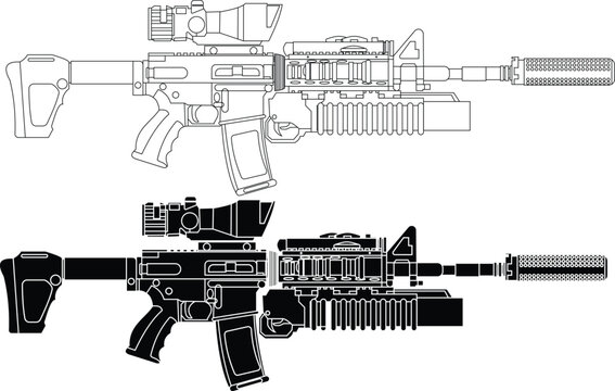 m4a1 socom vector illustration with outline and silhouette.
