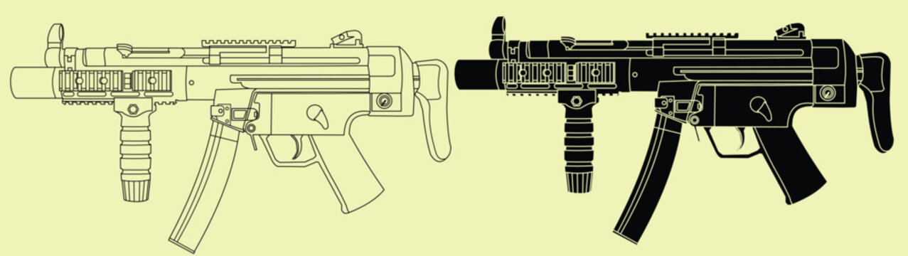 MP5 vector illustration with outline and silhouette.
