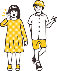 私服姿の子供たち　呼びかける女の子　ピースする男の子　小学生