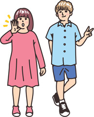 私服姿の子供たち　呼びかける女の子　ピースする男の子　小学生