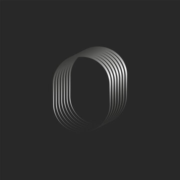 Letter O logo monogram 3d isometric shape or 0 number, zero form many parallel metallic lines, linear typographic design element.