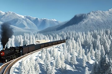 Steam train in the mountains. Generative AI