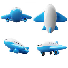 Set of cute cartoon style commercial airplanes like toys with white fuselage and blue wings isolated on white background with clipping path 3d render