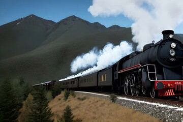 Fototapeta na wymiar Steam train in the mountains. Generative AI