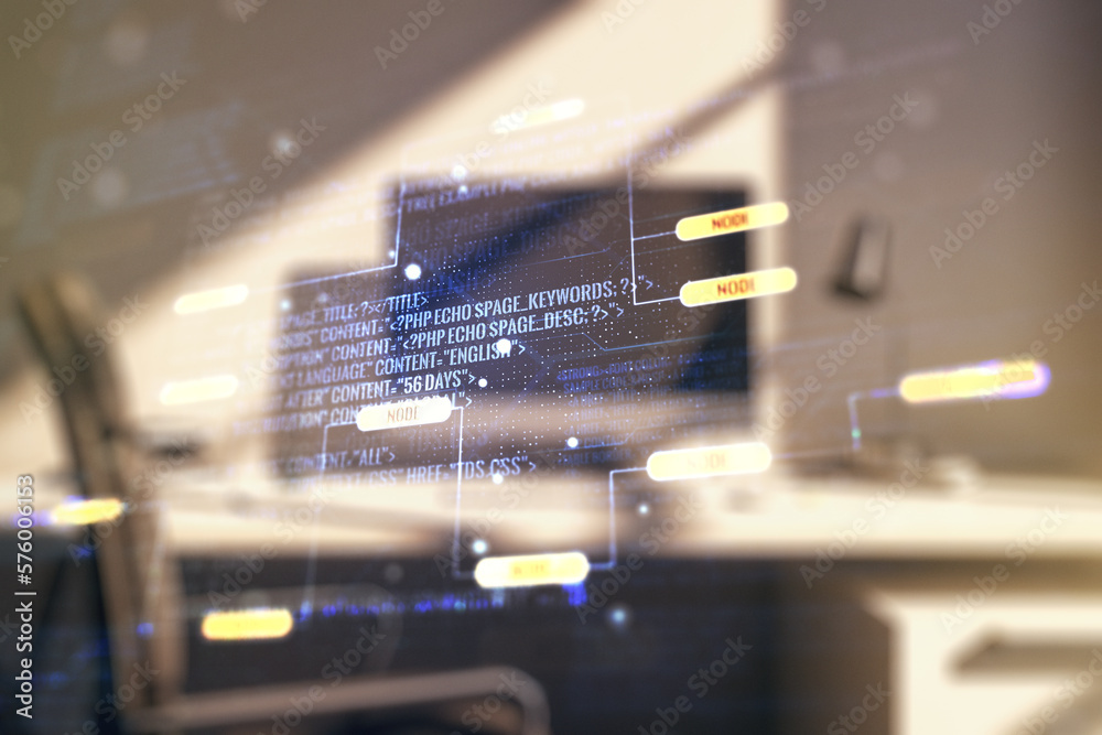 Aufkleber Multi exposure of abstract graphic coding sketch and modern desktop with pc on background, big data and networking concept
