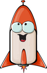 Rocket spaceship character. Cartoon space rocket isolated on white background. Funky spaceship and shuttle character with eyes and mouth. Vector retro space ship clip art, emoji, label and sticker