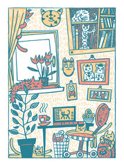 illustration cats home office, work at home 