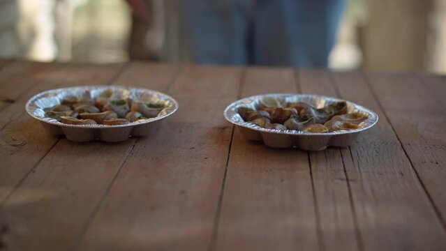 Tracking shot of male hands placing plates with escargot on table outdoors. Unrecognizable Caucasian man serving delicious tasty dish in cafe on summer spring day
