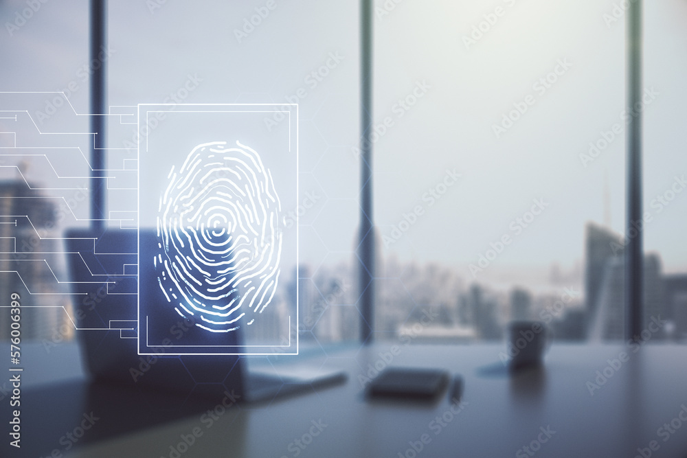 Poster Double exposure of abstract creative fingerprint hologram and modern desk with computer on background, protection of personal information concept
