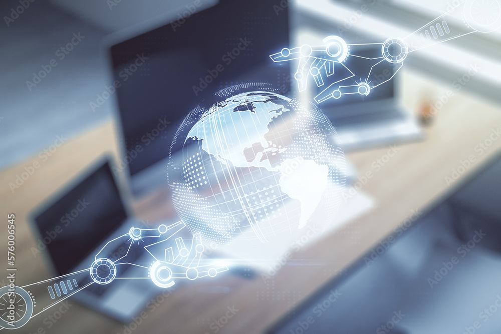 Poster creative abstract robotics technology hologram with globe and modern desktop with pc on background, 