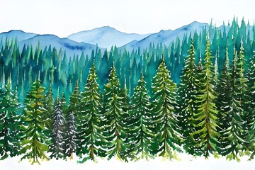 Fototapeta premium Watercolor Forest tree illustration. Mountain landscape. Woodland pine trees. Green Forest. Generative AI