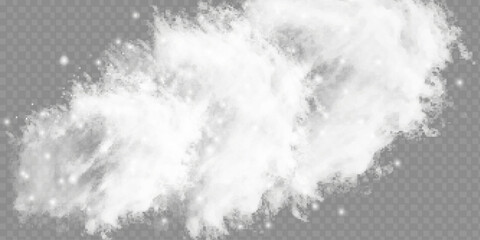 A transparent special effect is highlighted by fog or smoke. White cloud vector, snow storm. Glitter of stars through a snowy haze.