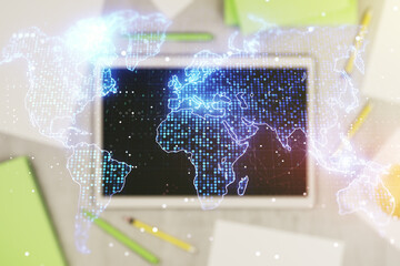 Multi exposure of abstract graphic world map and modern digital tablet on background, connection and communication concept