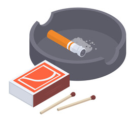 Isometric ashtray. Extinguished cigarette with filter on ceramic ashtray, tobacco product and matches 3d vector illustration