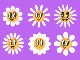 Daisy emoji flowers. Cartoon retro chamomile, comic books mascots with eyes and mouths. Daisy flowers with funny faces flat vector illustration set