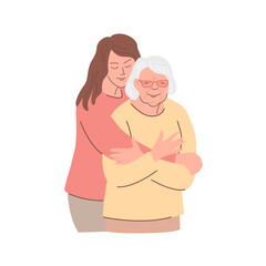 A young woman hugs an elderly woman. Vector color isolated illustration.