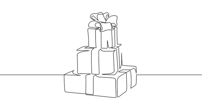 Animation of an image drawn with a continuous line. Gift boxes with ribbon bow.