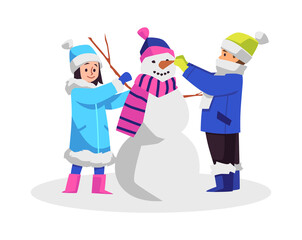 Happy children making snowman flat style, vector illustration