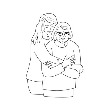 recommend clip art: A young woman hugs an elderly woman. Vector isolated illustration in outline style.
