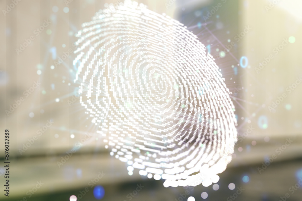 Poster multi exposure of virtual graphic fingerprint sketch on blurry contemporary office building backgrou