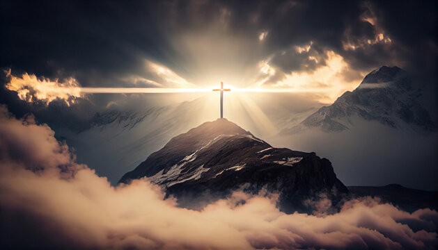 Illustration of the cross on the mountain against a background of clouds and divine light, symbolizing the death and resurrection of Jesus Christ. Generative AI.