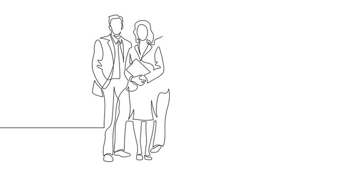 Animation of an image drawn with a continuous line. Group of people in office suits. Young successful businessmen. Professional team symbol.