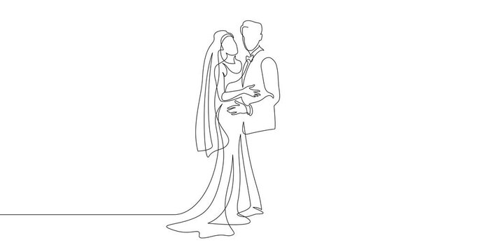 Animation of an image drawn with a continuous line. Bride and groom at wedding ceremony.