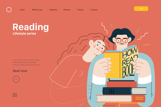 Lifestyle web template - Reading - modern flat vector illustration of a man and a woman reading the books. People activities concept