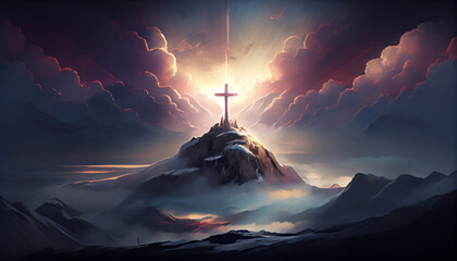 Illustration of the cross on the mountain against a background of clouds and divine light, symbolizing the death and resurrection of Jesus Christ. Generative AI.