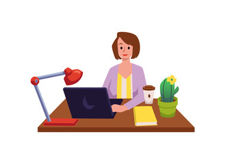 Woman working on laptop at desk, flat vector illustration isolat