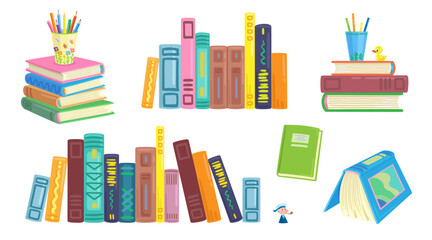 Set of colorful books. They are open and close, lying in heaps and singly, standing in a row and ready for education. In cartoon style. Isolated on white background. Vector flat illustration