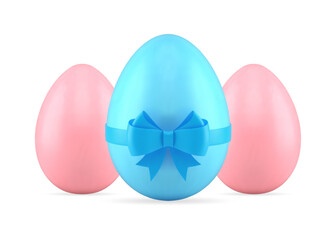 Three Easter eggs blue pink present surprise with bow ribbon 3d icon realistic vector illustration