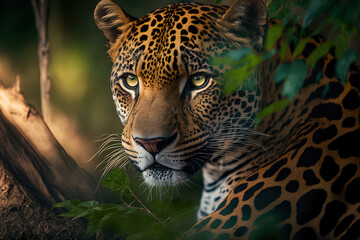Close up portrait of a leopard. Dangerous predator in natural habitat. Wildlife scene. Digital ai art - obrazy, fototapety, plakaty