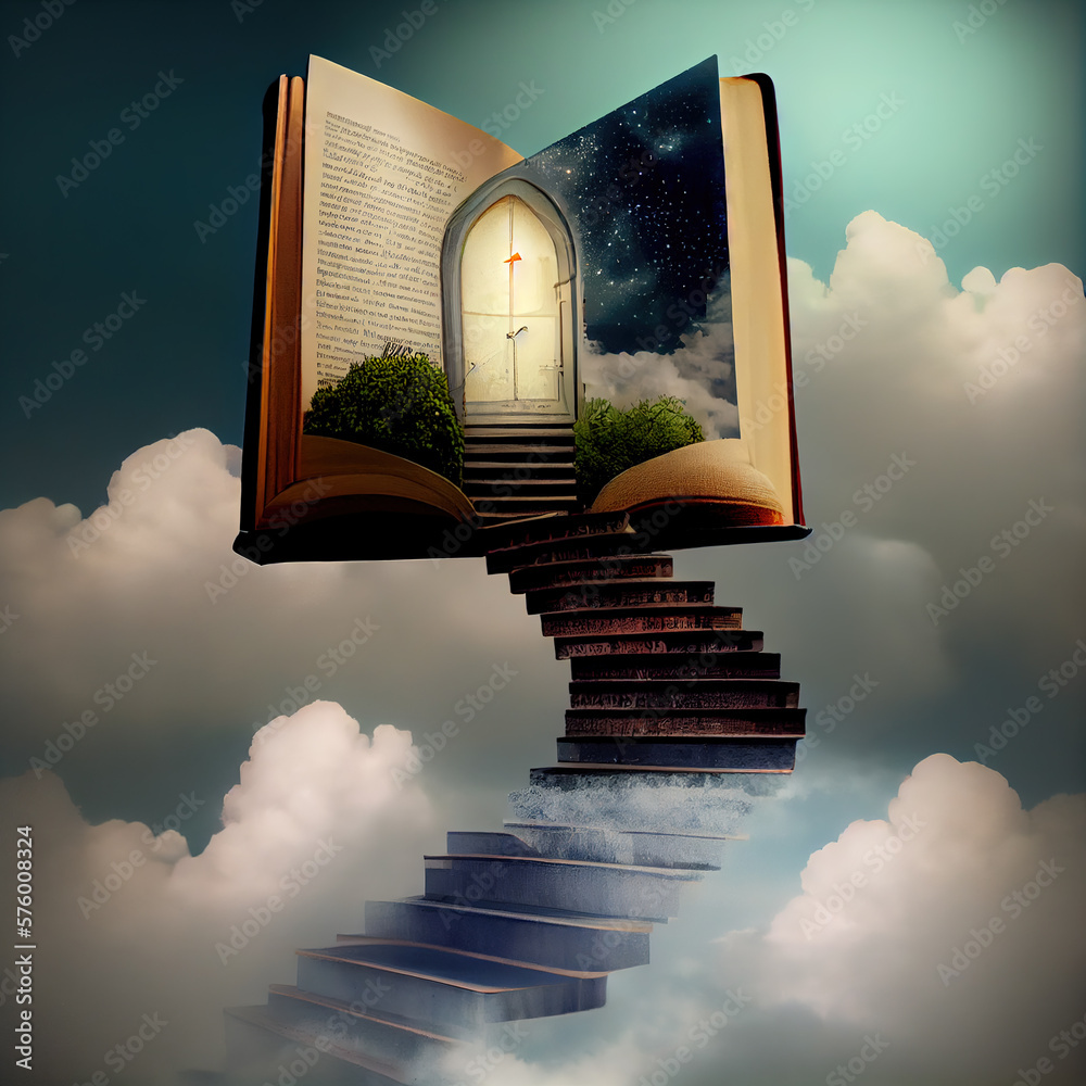 Wall mural generative ai: stairway in the sky entering a storybook in the clouds