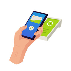 Payments using mobile phone apps and NFC, flat vector illustrati