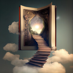 Generative AI: stairway in the sky entering a storybook in the clouds